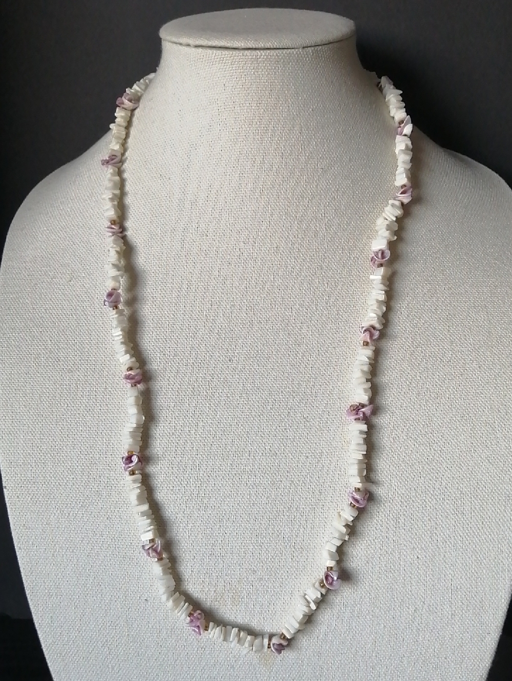 Vintage Handmade White Puka Shell Chips with Pink Lilac Shell Accents Necklace